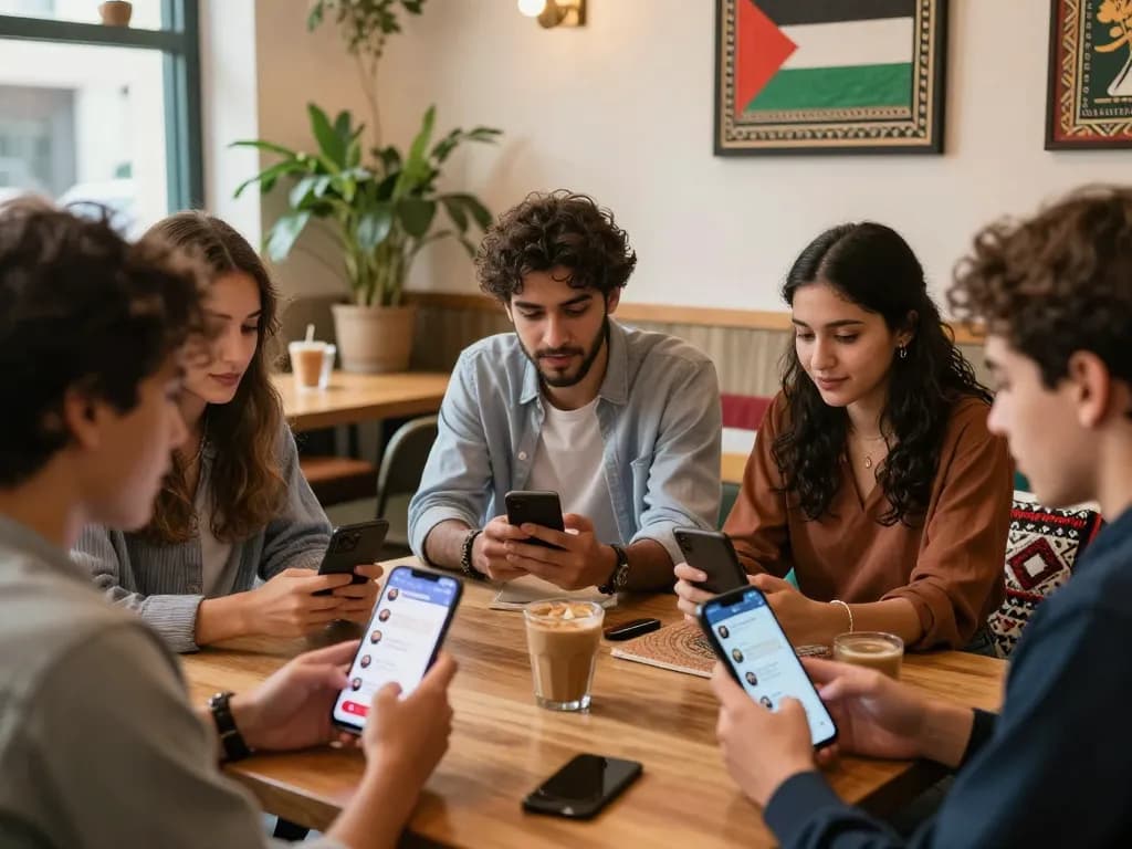 Engaging دردشة فلسطين scene showcasing young adults connecting through mobile applications in a cozy café.