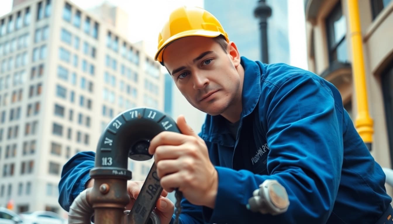 Emergency plumbing in Manhattan featuring a determined plumber fixing a burst pipe.