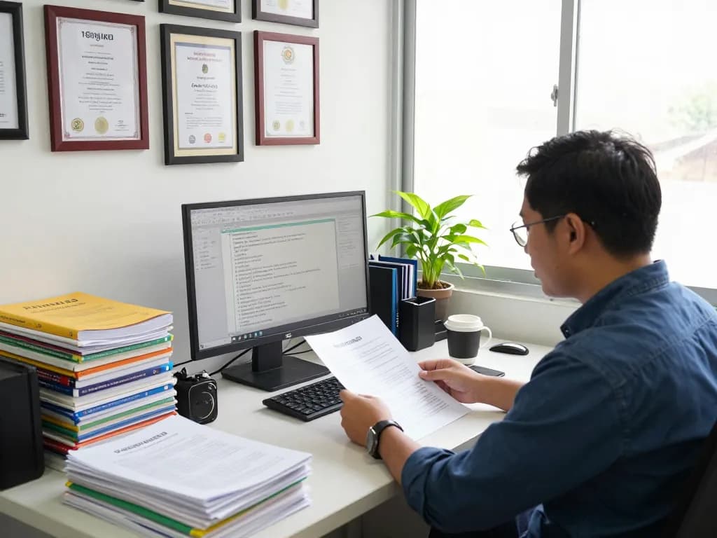 Translation Services in Chiang Mai office with translator reviewing documents and professional resources.