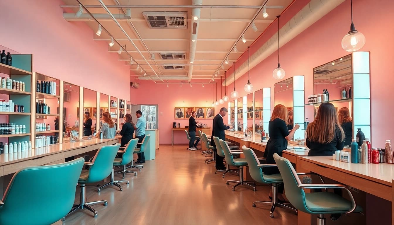 Bästa frisör in a modern salon interior featuring professional stylists and trendy hairstyles.