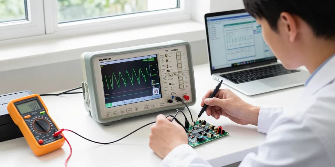 Technician using a HANMATEK® HO102S handheld oscilloscope for testing, showcasing portable oscilloscope functionality in a bright workspace.