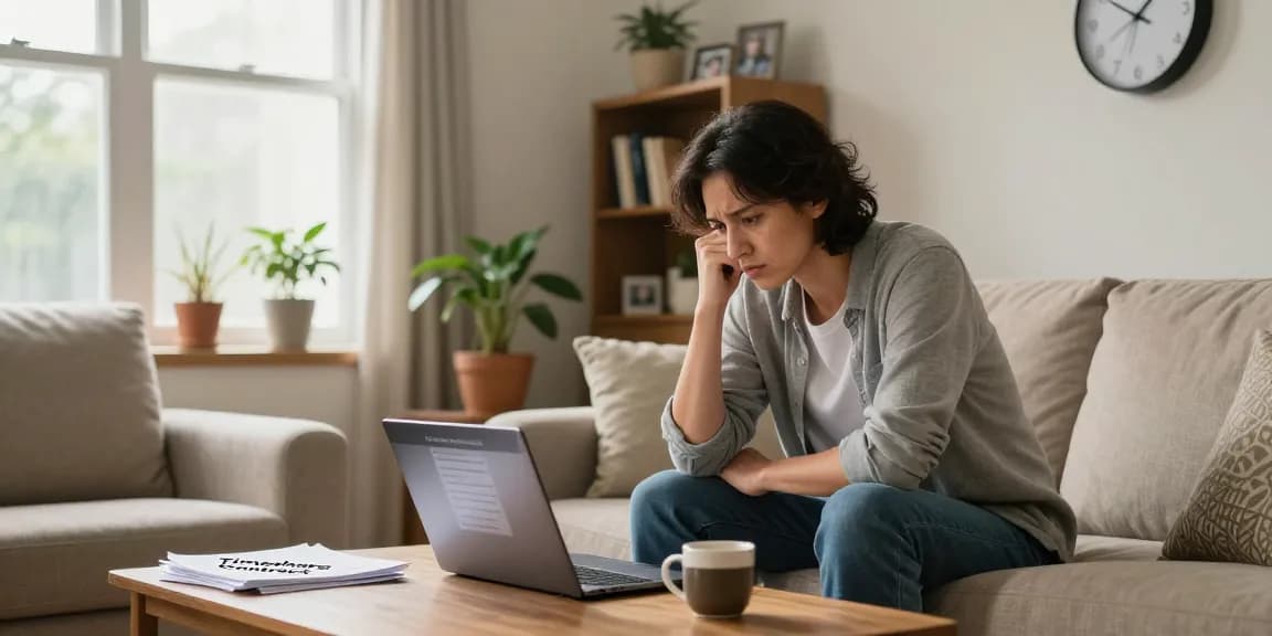 Homeowner learning how to get rid of a timeshare in a calm living room, laptop on coffee table with timeshare paperwork.