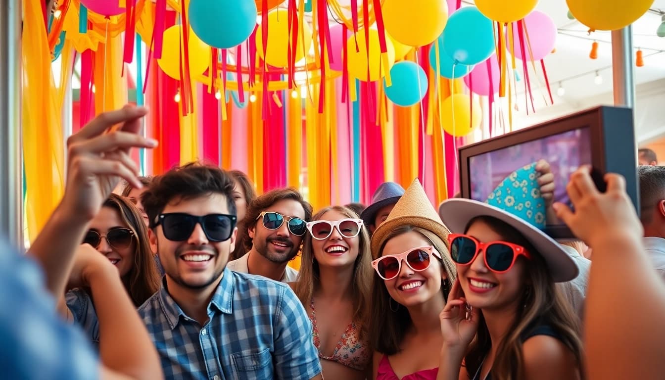 Enjoying a photo booth rental experience with colorful props at an energetic outdoor event.