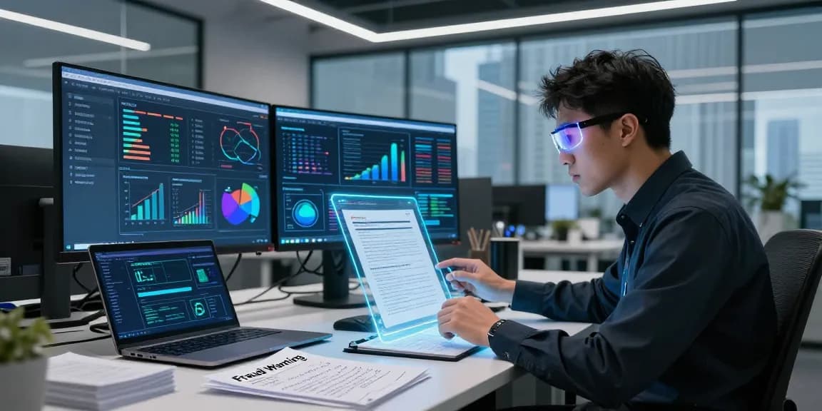 Dynamic office scene showcasing document fraud detection with cybersecurity analyst using advanced technology and data visualizations.