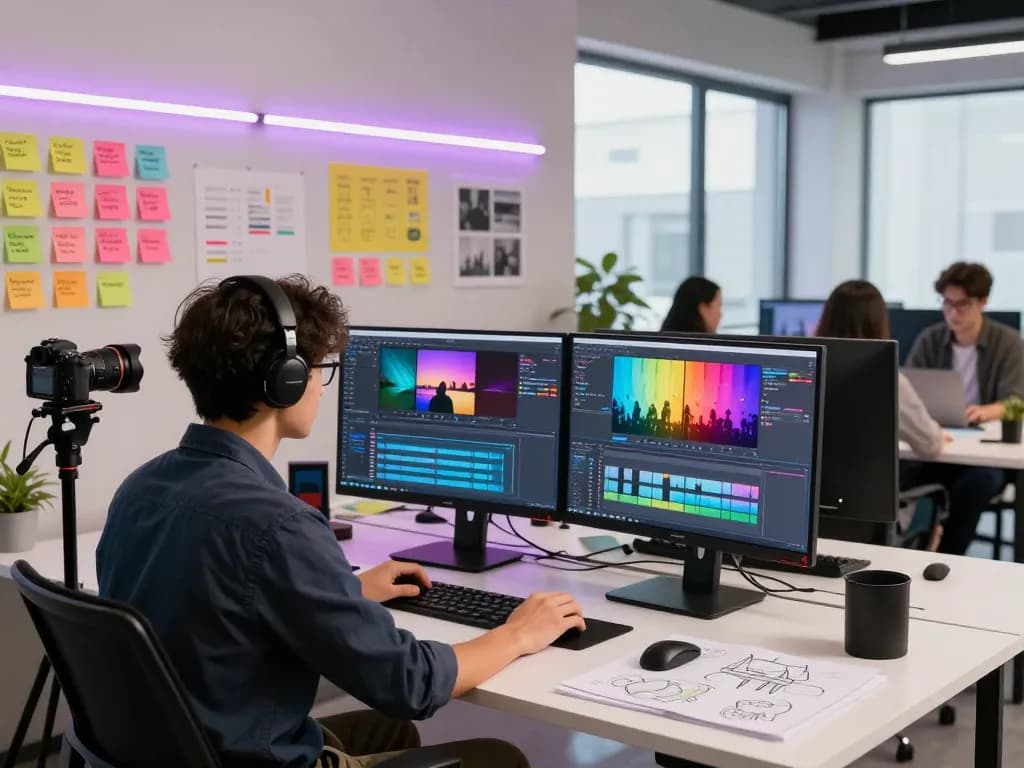 Dynamic workspace with Kling motion graphics design elements and video editing setup.