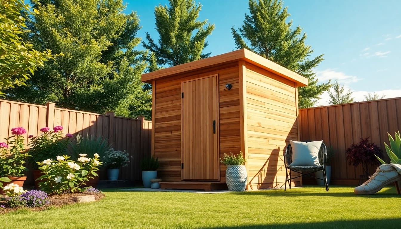 Outdoor sauna Canada surrounded by lush greenery, inviting wooden structure, and relaxing ambiance.