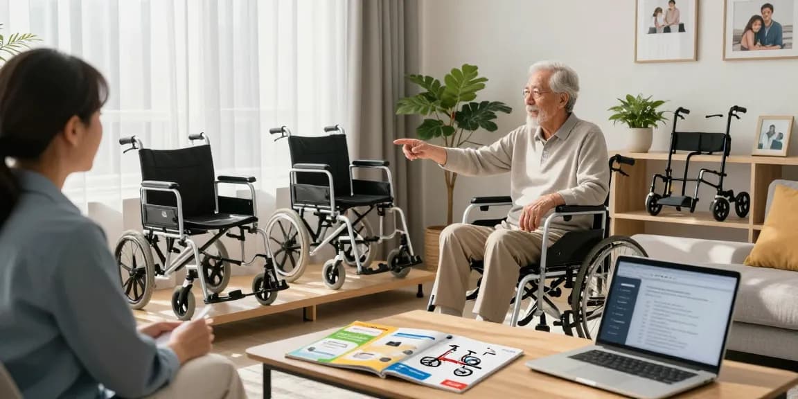 Senior person exploring options to buy nobility aids in a cozy home environment