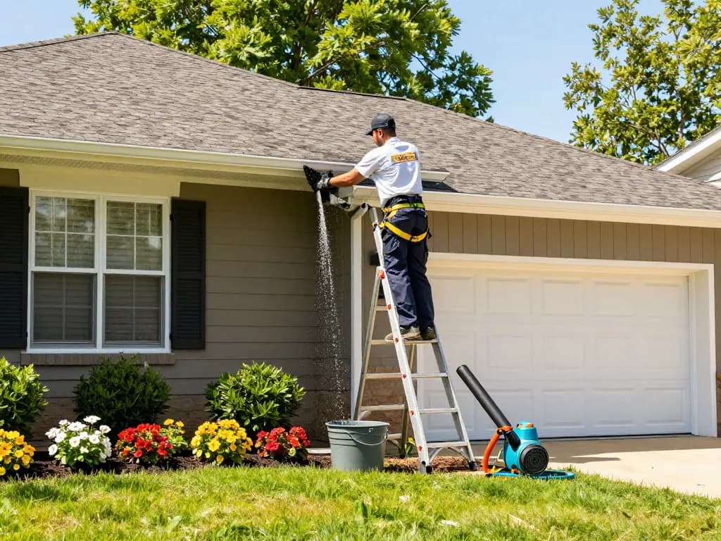 Gutter cleaning Atlanta professional removing debris from residential gutters on sunny day.