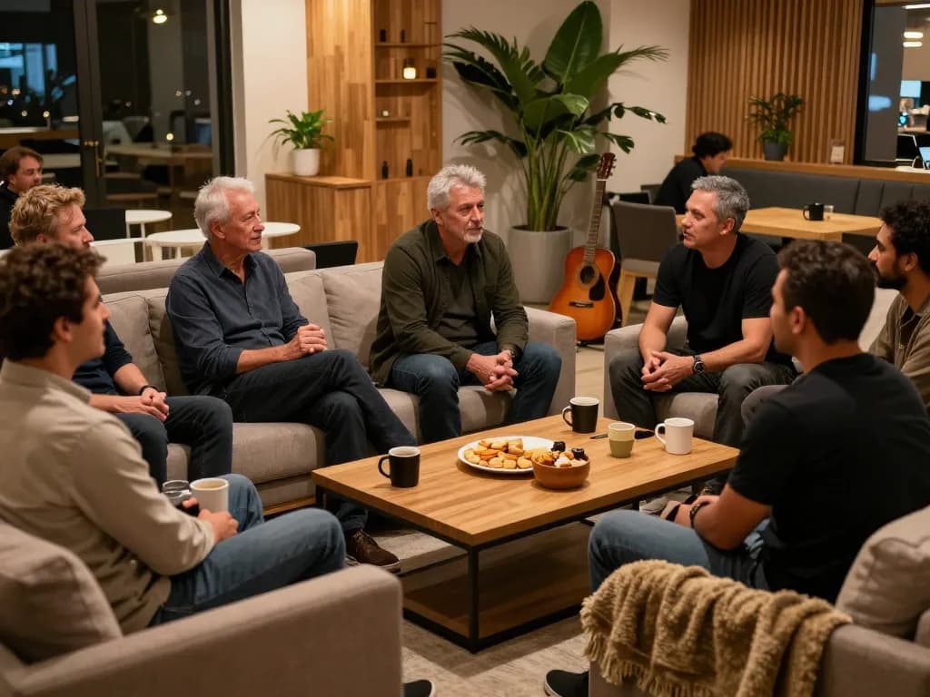 Men engaging in supportive conversations at a man club gathering with friendly atmosphere.