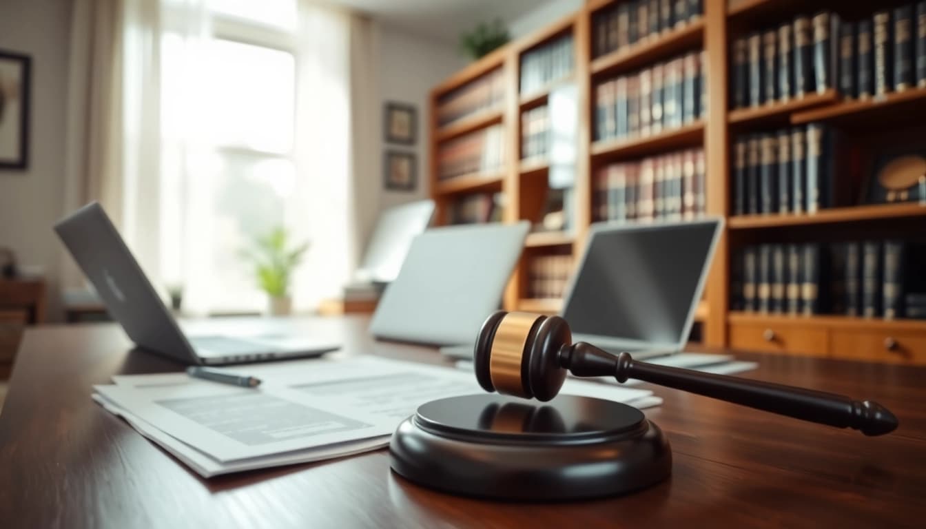 Probate attorney working in a professional office environment, surrounded by legal documents and a laptop.