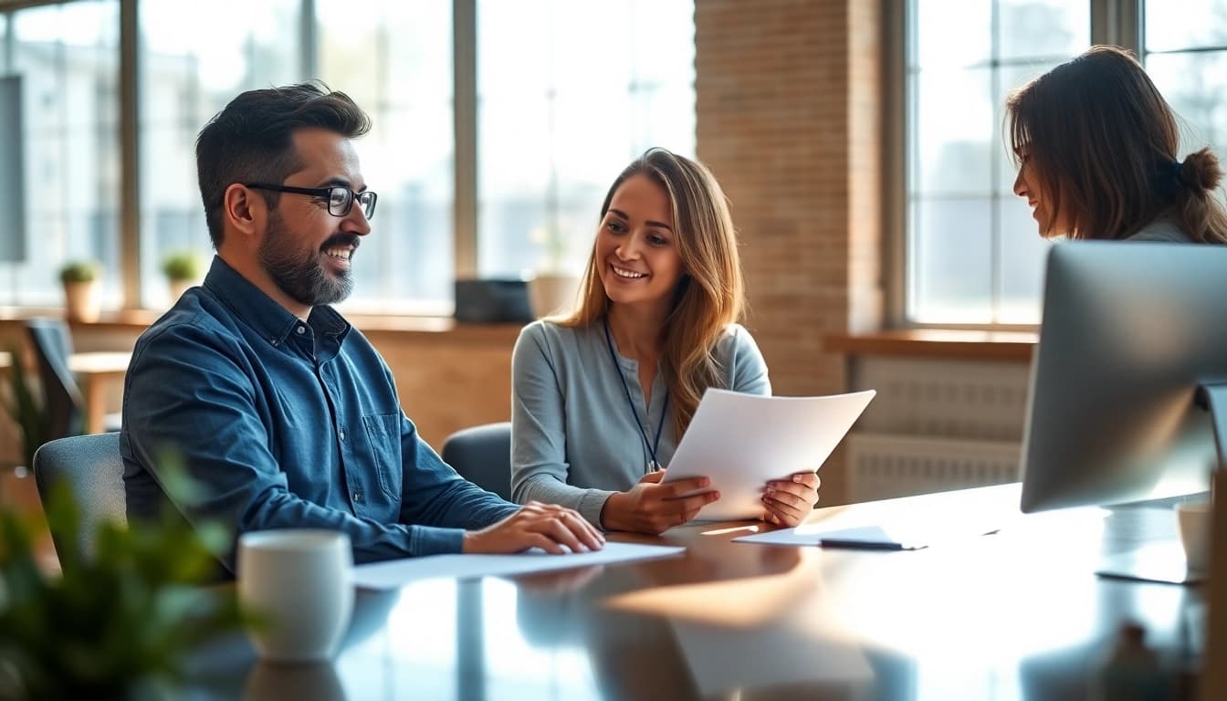 Agent guiding clients on home warranty with fast claims in a welcoming office environment.
