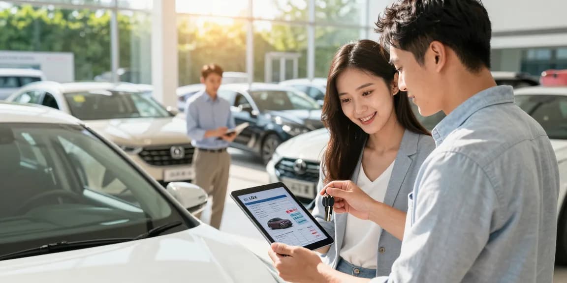 Couple using a car check UK report to review a pre-owned vehicle at a dealership.