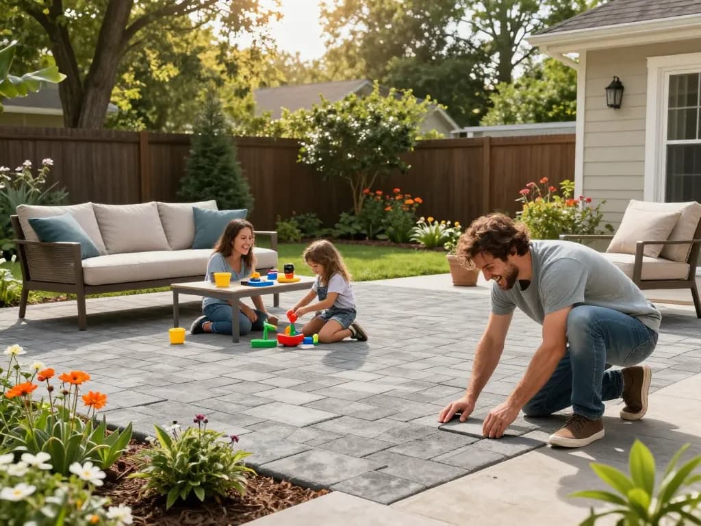 Paver installation near me in a family-friendly backyard scene with adults and children bonding over outdoor projects.