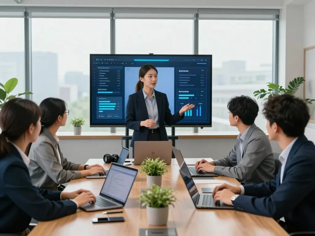 Recruiters utilizing an AI voice interviewer for candidate assessments in a modern office setting, showcasing collaborative technology.