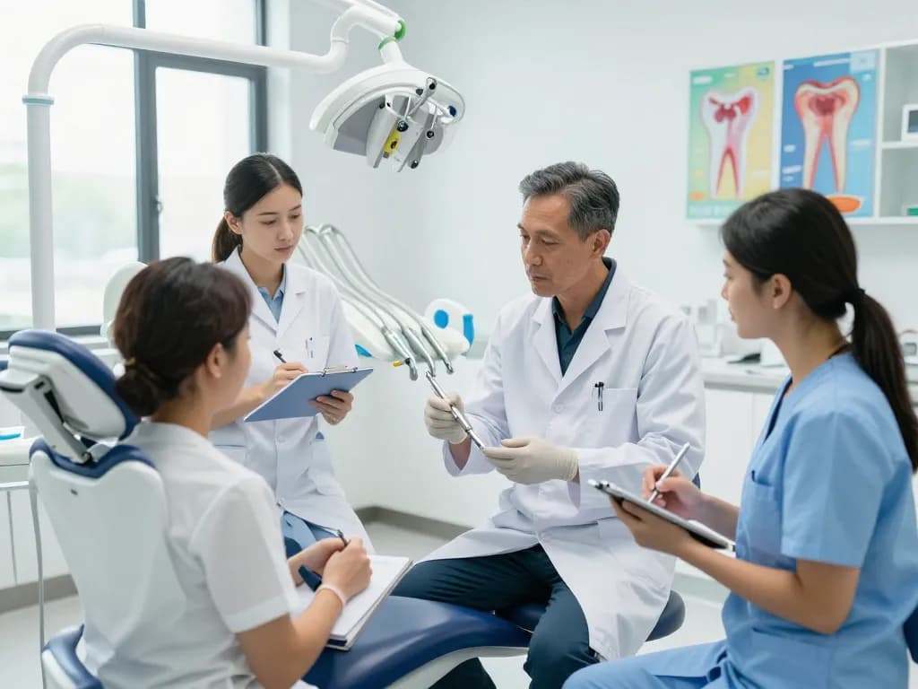 Dentists reviews in a modern dental clinic with professionals discussing innovative equipment and technology.