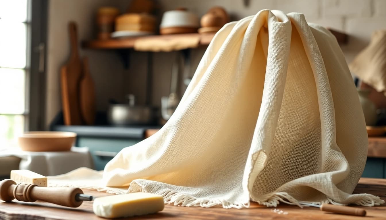 Kaasdoek in een rustieke keuken, perfect voor het maken van verse kazen.