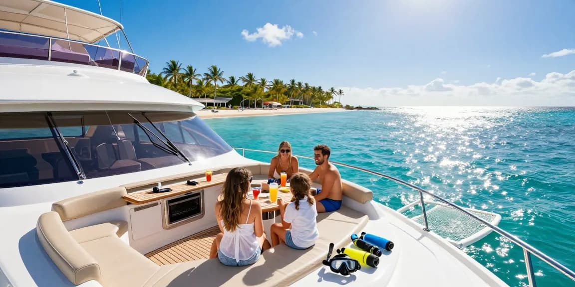 Family enjoying a boat rental in Punta Cana, relaxing with drinks and snorkeling gear on a luxury yacht.