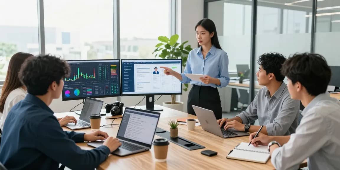Team collaborating on service business CRM, reviewing data analytics in a modern office.