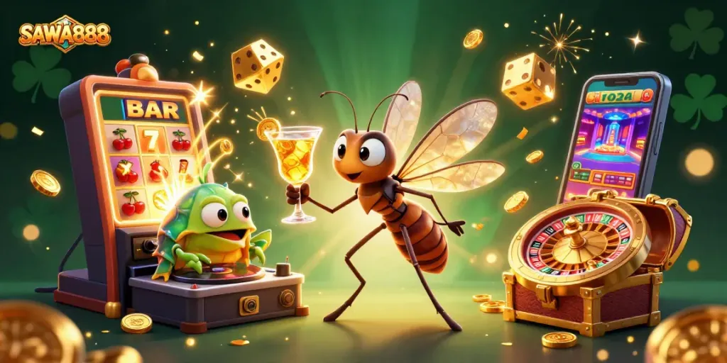 SAWA888 casino excitement with a lively 3D scene of a frozen mosquito mascot, trilobite DJ, and golden roulette.