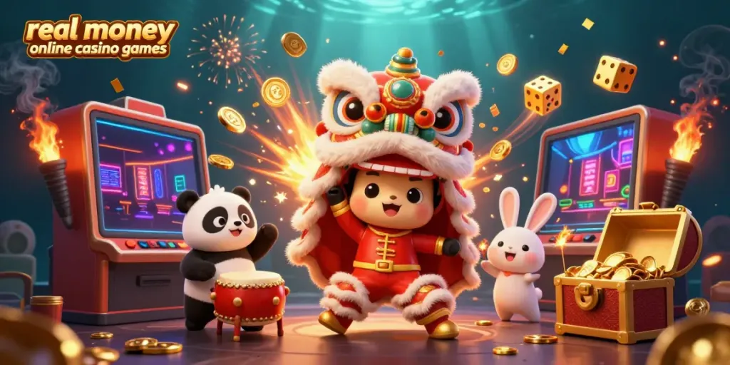 Experience excitement with real money online casino games featuring vibrant characters and thematic elements in a dynamic scene.