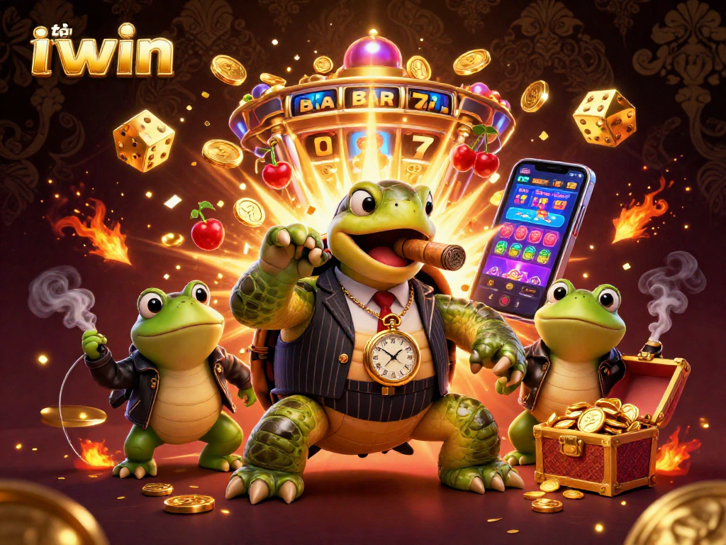 Tải iwin with a snapping turtle in a mobster suit and gold accents amidst casino elements.
