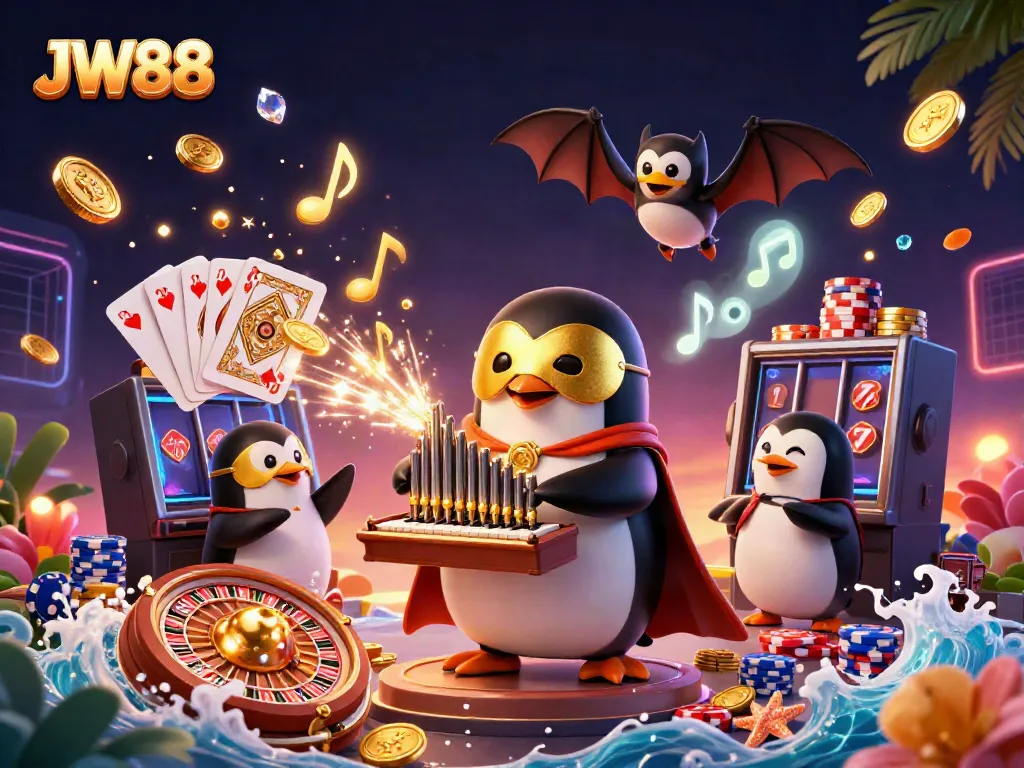 Engaging JW88 casino scene featuring a whimsical penguin playing an organ, surrounded by rich gold elements.