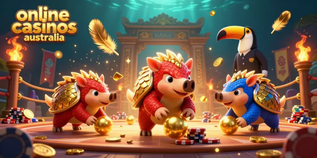 Experience the excitement of online casinos Australia with two rival pangolins competing amidst golden chips and vibrant decorations.