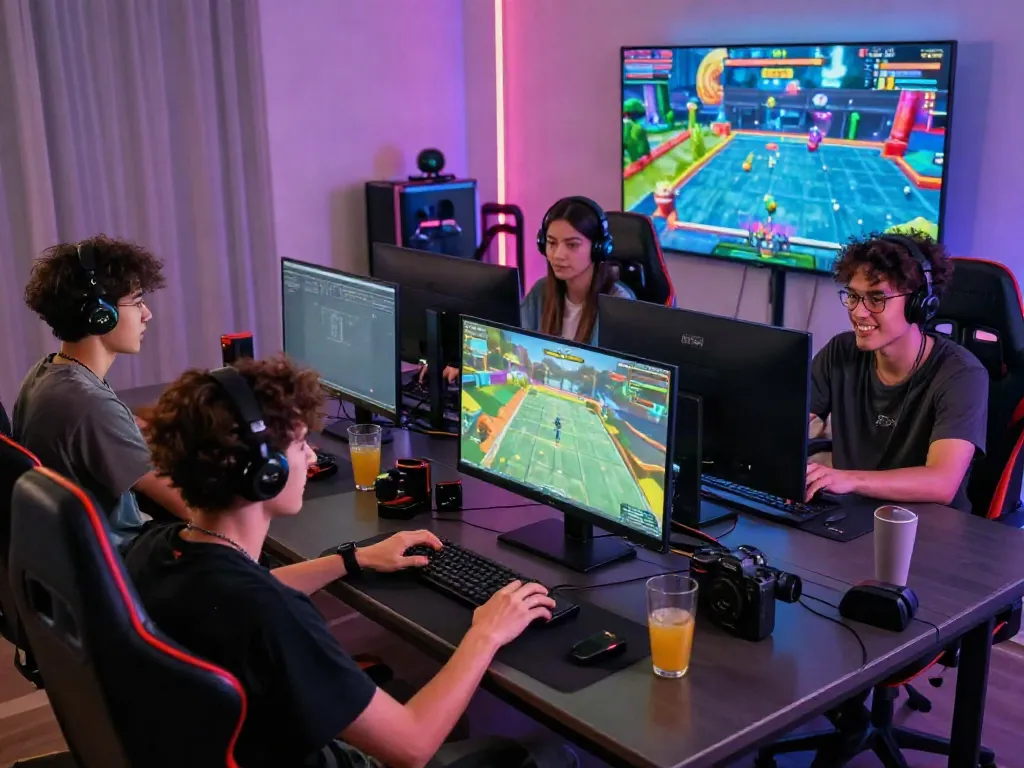 Friends enjoying engaging online games with rokok88 super challenges in a vibrant gaming room.