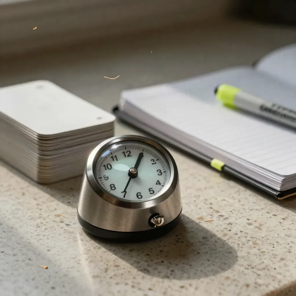 Timer, shuffled reading cards, and tabbed notebook on travertine in a kinetic drill setup.