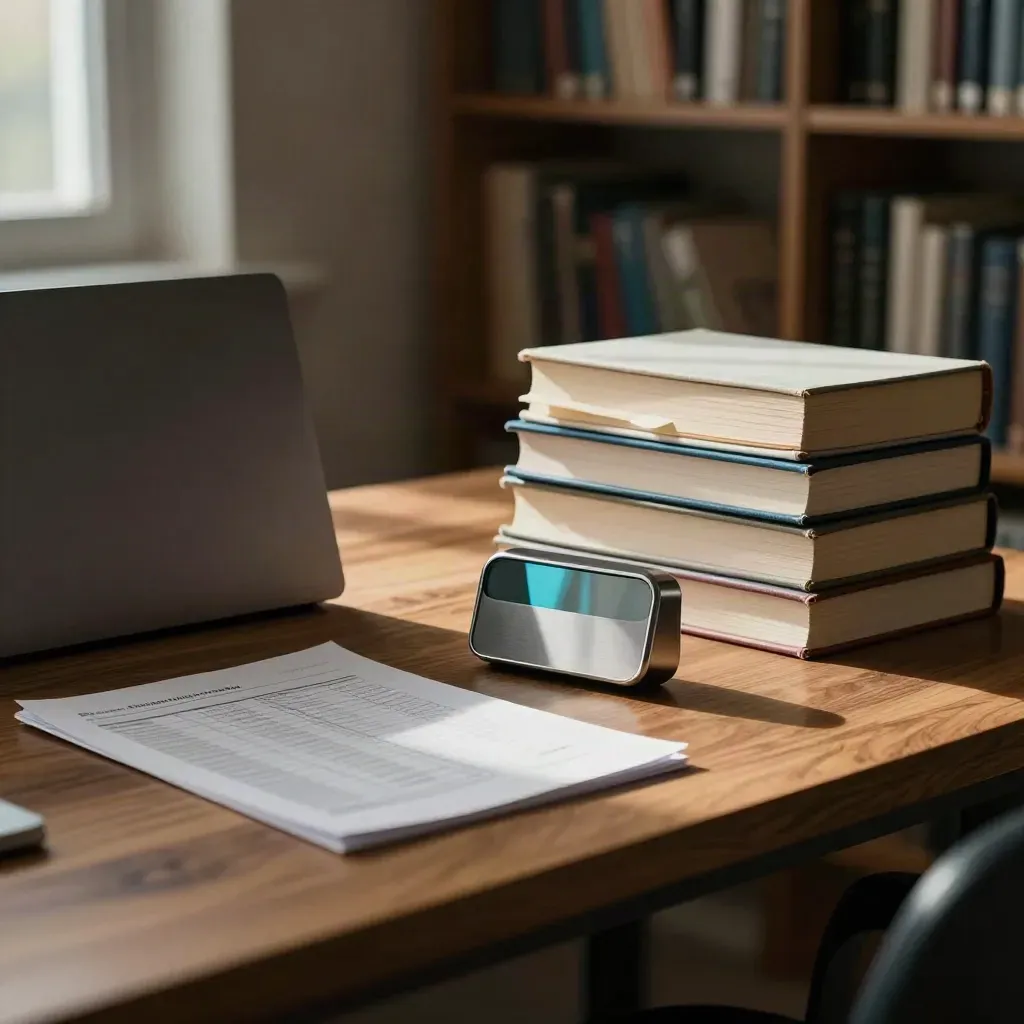 Closed laptop, results card, timer, and tabbed books on a warm desk by window light.