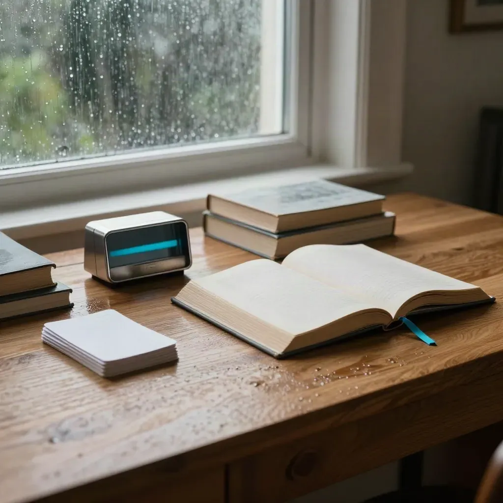 Rain-damp oak study table with book stack, timer, blank cards, and cyan ribbon.