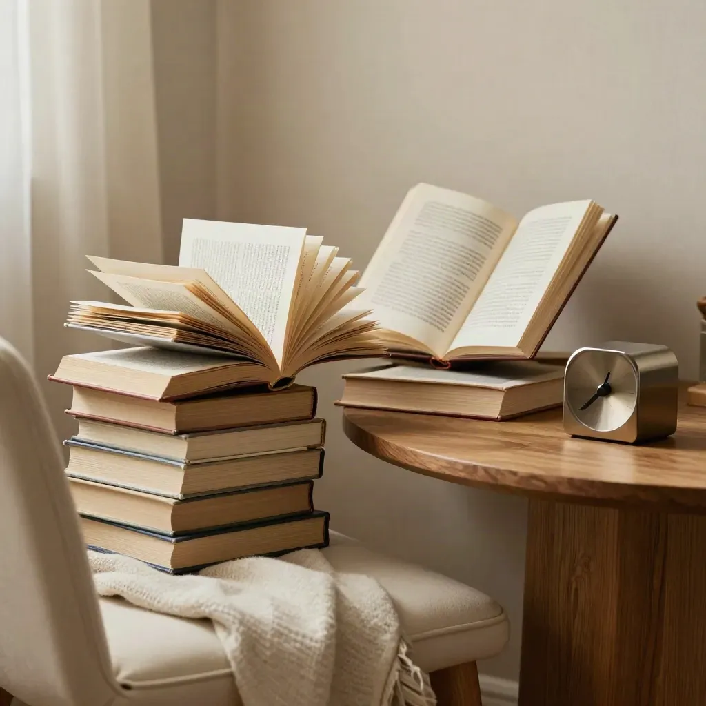 Warm reading practice corner with open books, a timer, and a wool throw by window light.