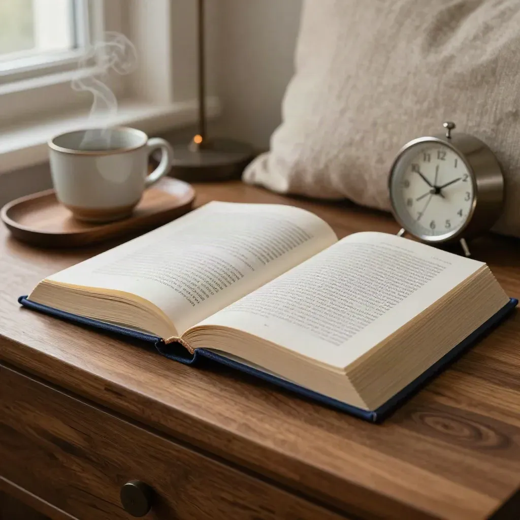 Cozy reading nook with open book, answer slips, cup and small clock in warm afternoon light.