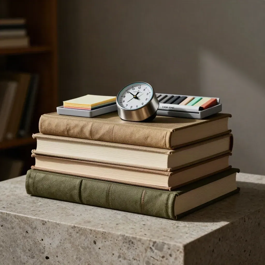 Three study books, a timer, and tab markers arranged as a premium daily practice kit in moody light.