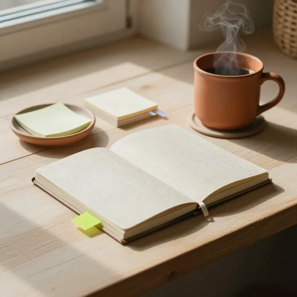 Study tips pack with notebook, tabs, bookmark and mug in warm window light.