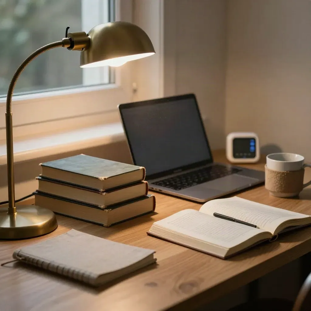 Dorm-study corner with books, closed laptop, timer and notebook in warm evening light.