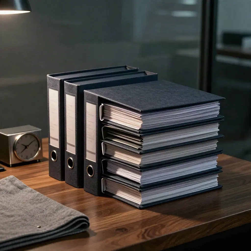 Late-night executive desk with brief stacks, timer, and tabbed folders in warm-cool office light.