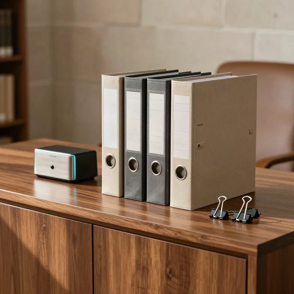 Four memo binders, timer, and binder clips on a legal credenza in warm window light.