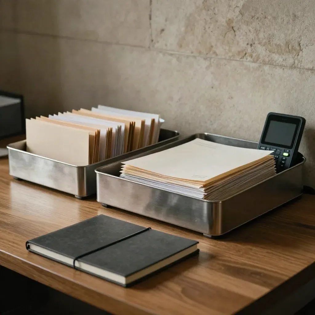Pewter trays, closed notebook, and dark phone dock on a warm oak desk.