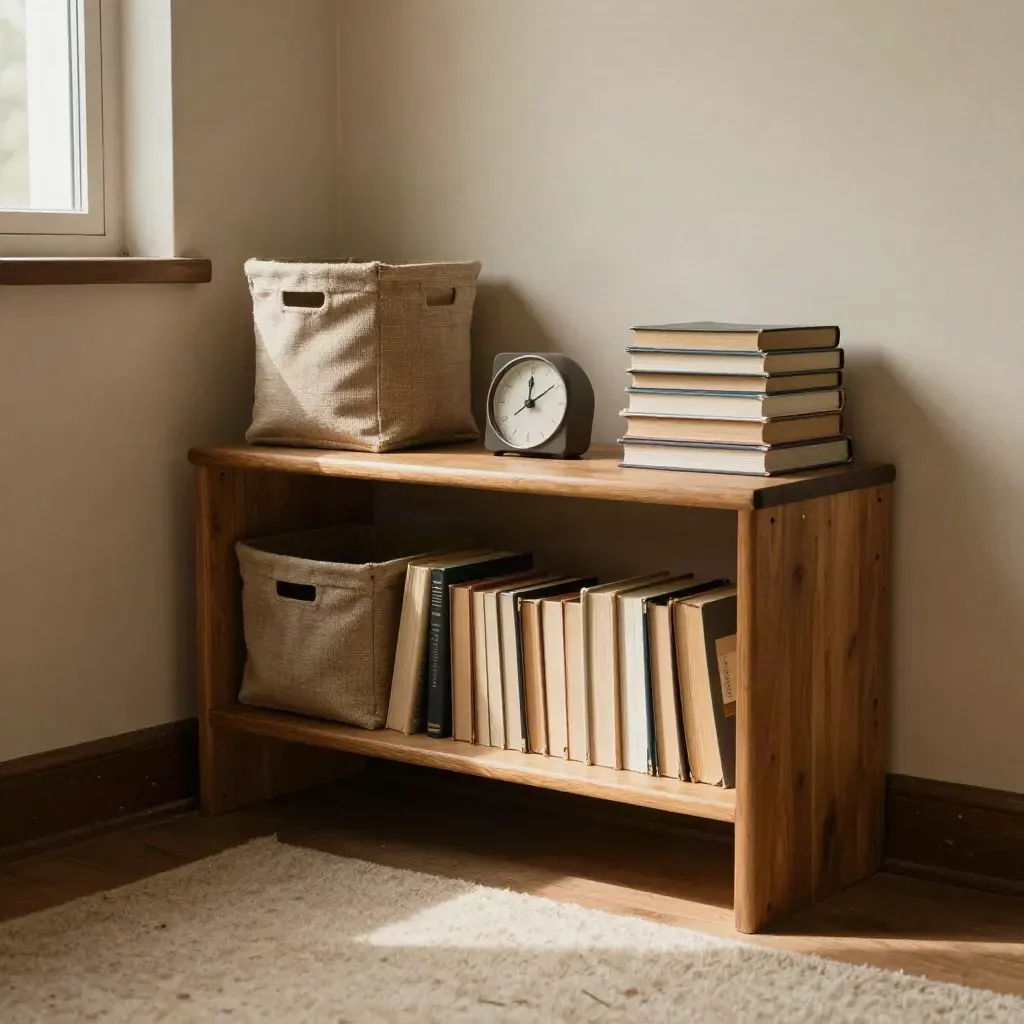 Classroom reading nook with bins, timer, and inward-turned paperbacks in warm light.