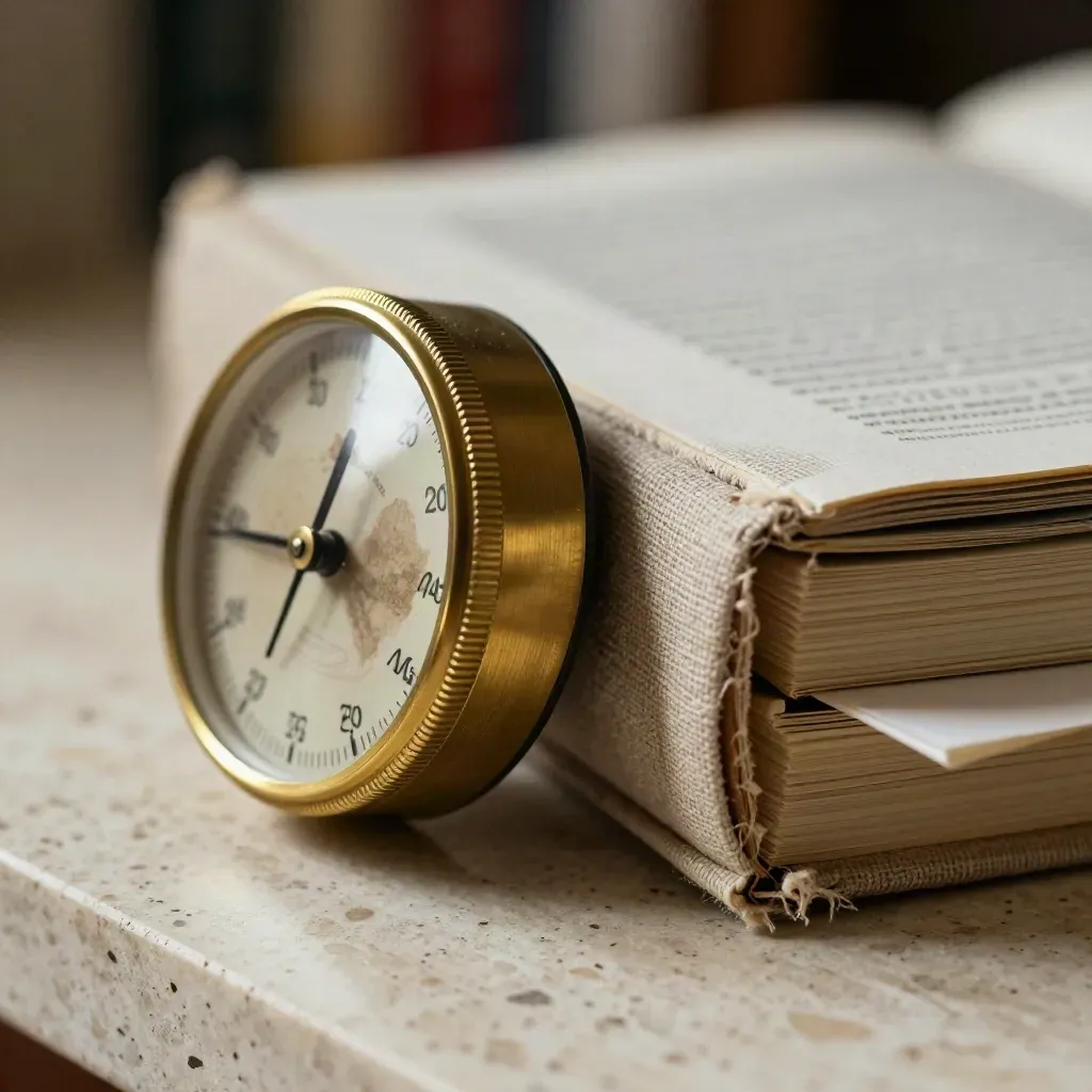 Macro still life of a brass timer, reading tabs, and worn linen book spines on travertine.