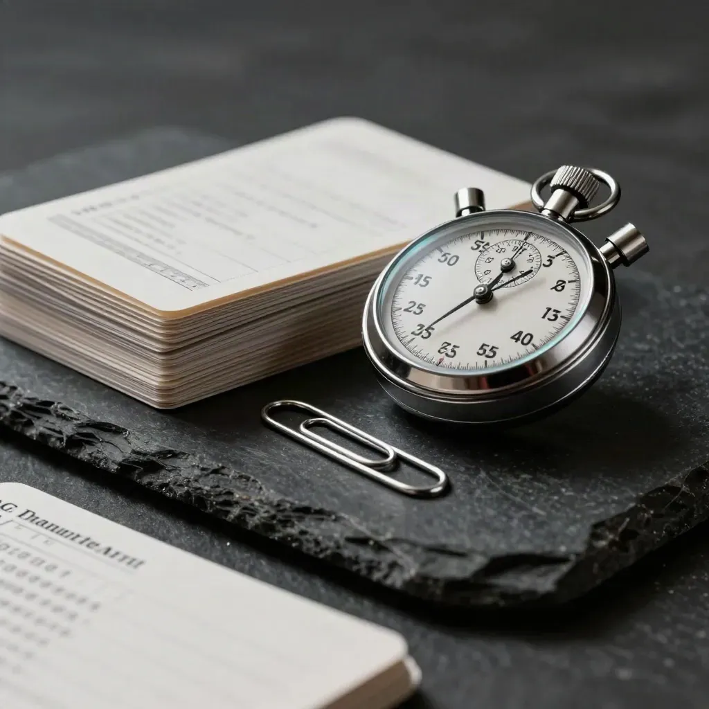 Dramatic macro still life of assessment cards, stopwatch, and paper clip on dark stone