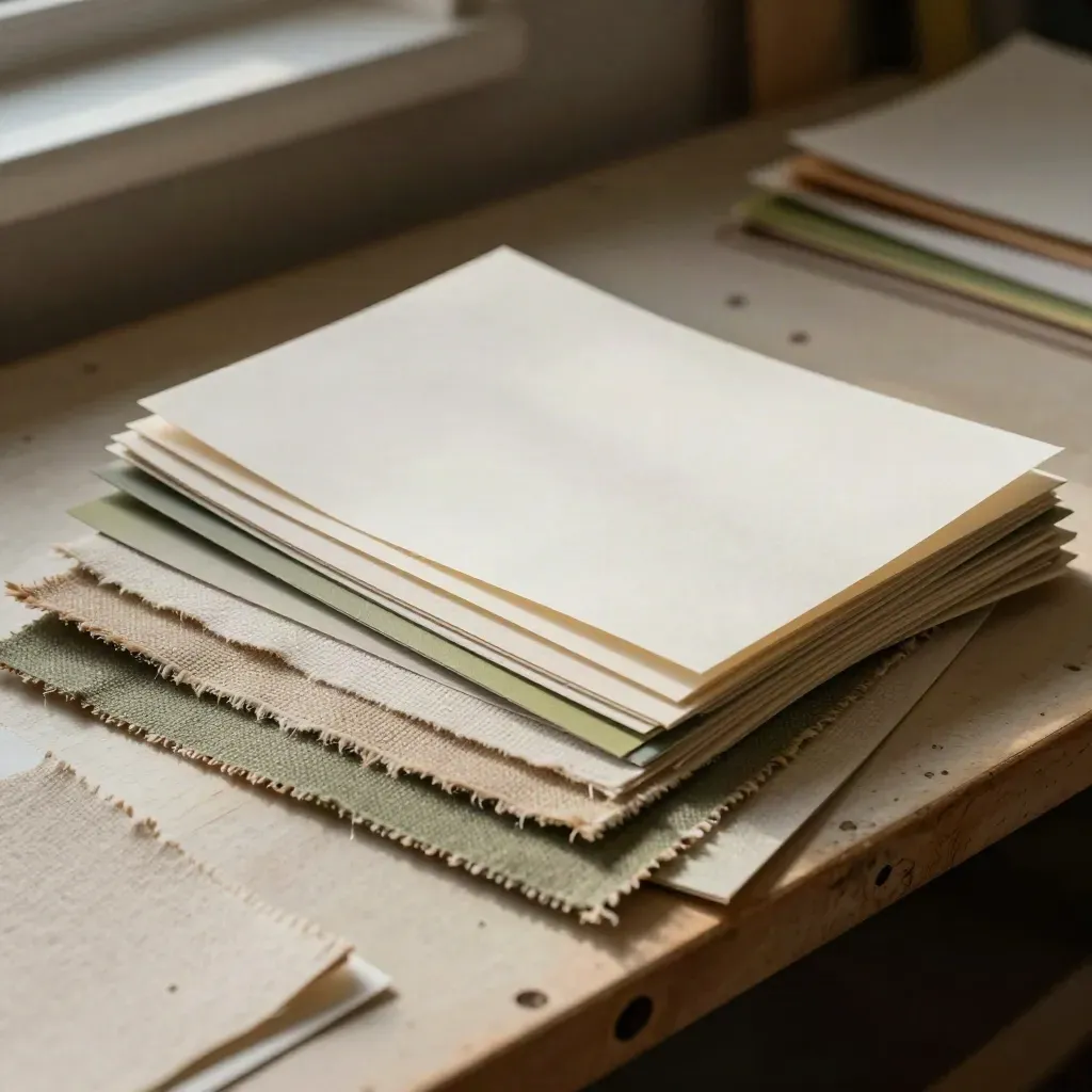 Overhead of lesson cards, color tabs, and linen bookcloth on a design bench.