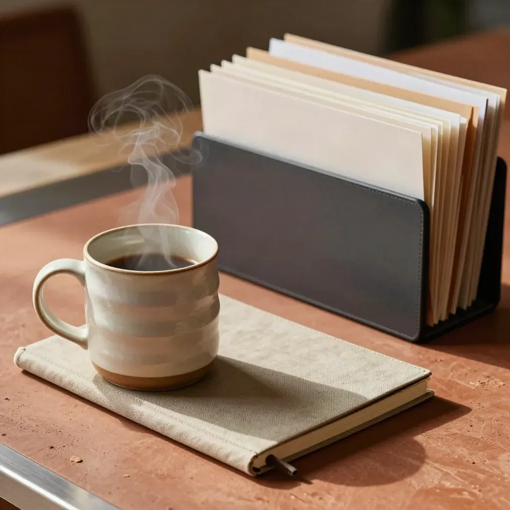 Steaming mug with notebook, phone cradle, and file folders on a terracotta surface.