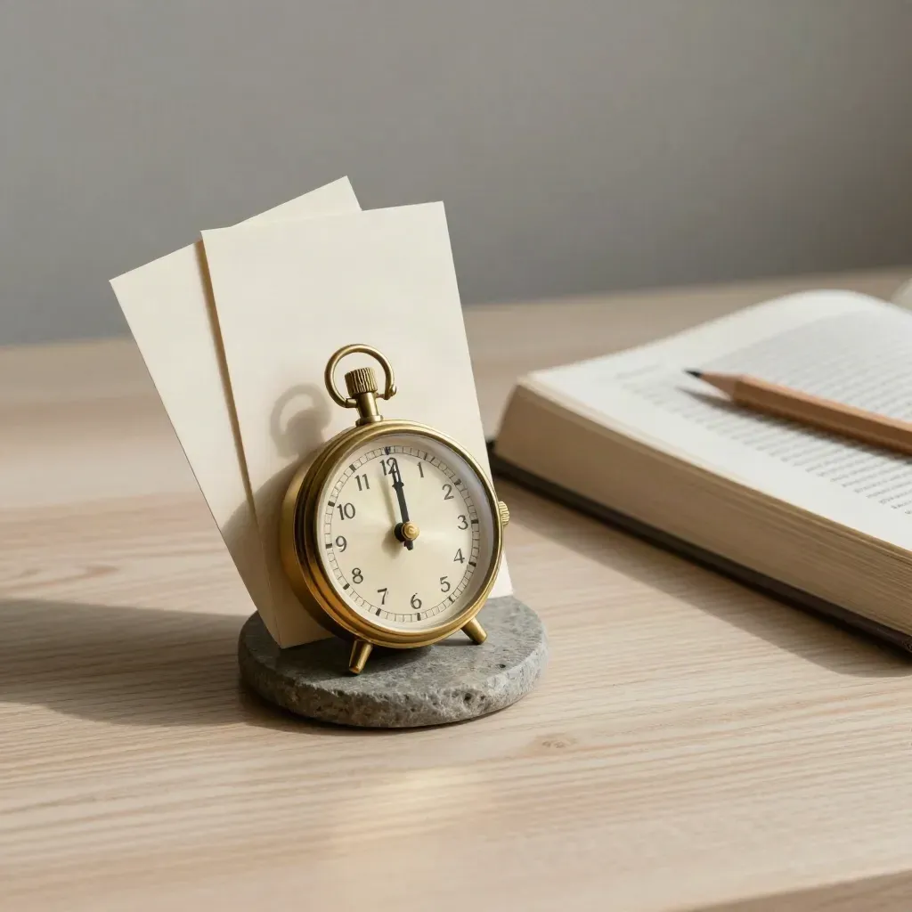 Brass timer on stone coaster with cream cards, closed book and pencil on pale wood.