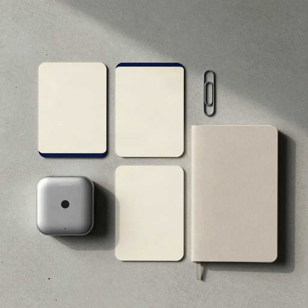 Overhead flatlay of plan cards, timer, clip, and notebook on pale concrete.