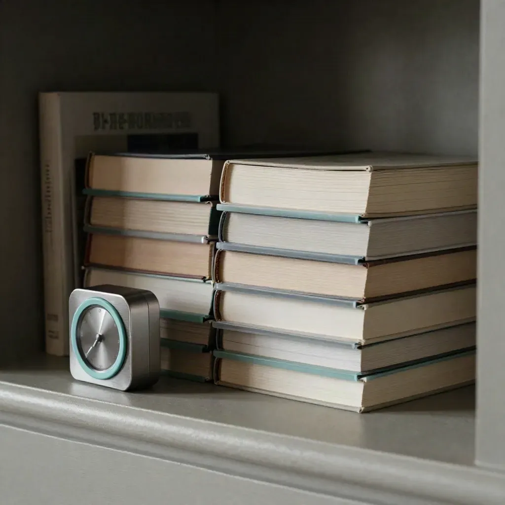 Shelf vignette with timer, face-down books and cyan tabs in a quiet study nook.