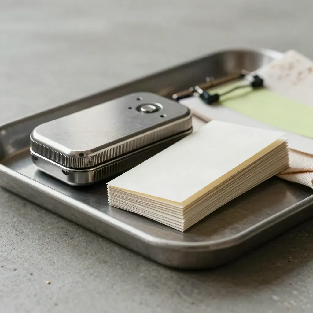 Brushed timers, face-down slips, and clipped tabs on a concrete tray with soft side light.