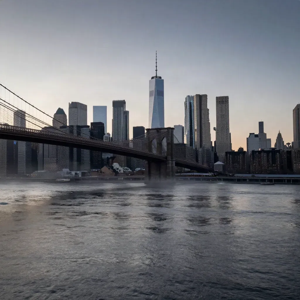 Lower Manhattan skyline above a calm Hudson River at blue hour, bridge high and water open.