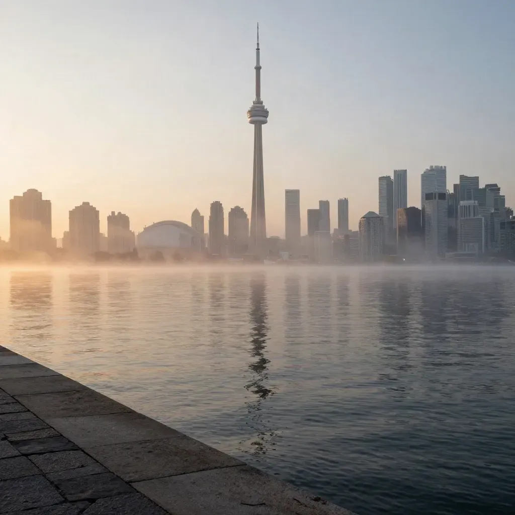 Toronto skyline and CN Tower over misty Lake Ontario at sunrise